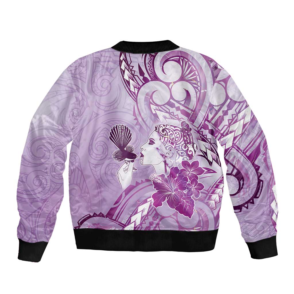 Aotearoa Maori Wahine Bomber Jacket Fantail Bird Purple Gold Marble