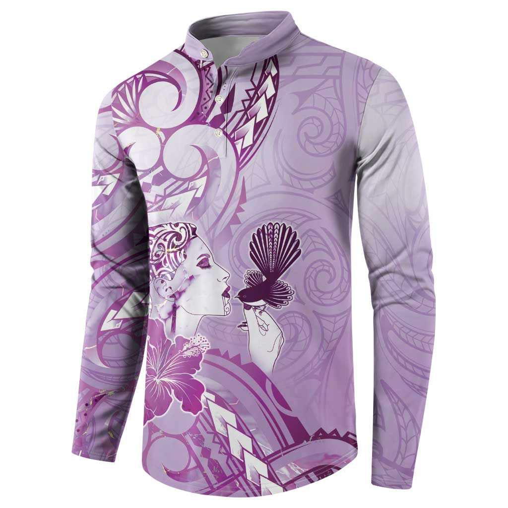 Aotearoa Maori Wahine Button Sweatshirt Fantail Bird Purple Gold Marble
