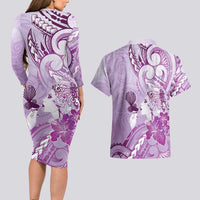 Aotearoa Maori Wahine Couples Matching Long Sleeve Bodycon Dress and Hawaiian Shirt Fantail Bird Purple Gold Marble