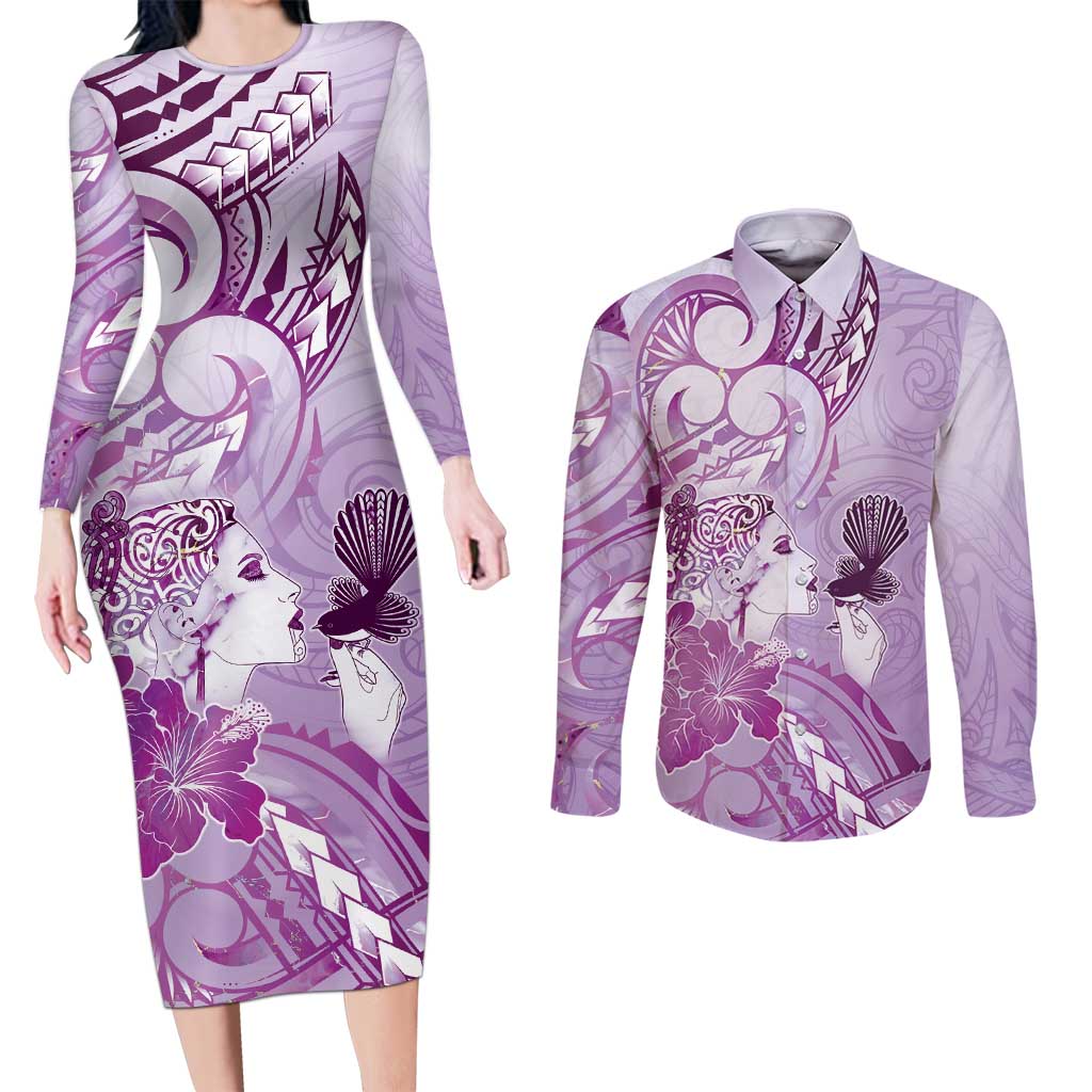Aotearoa Maori Wahine Couples Matching Long Sleeve Bodycon Dress and Long Sleeve Button Shirt Fantail Bird Purple Gold Marble