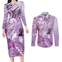 Aotearoa Maori Wahine Couples Matching Long Sleeve Bodycon Dress and Long Sleeve Button Shirt Fantail Bird Purple Gold Marble