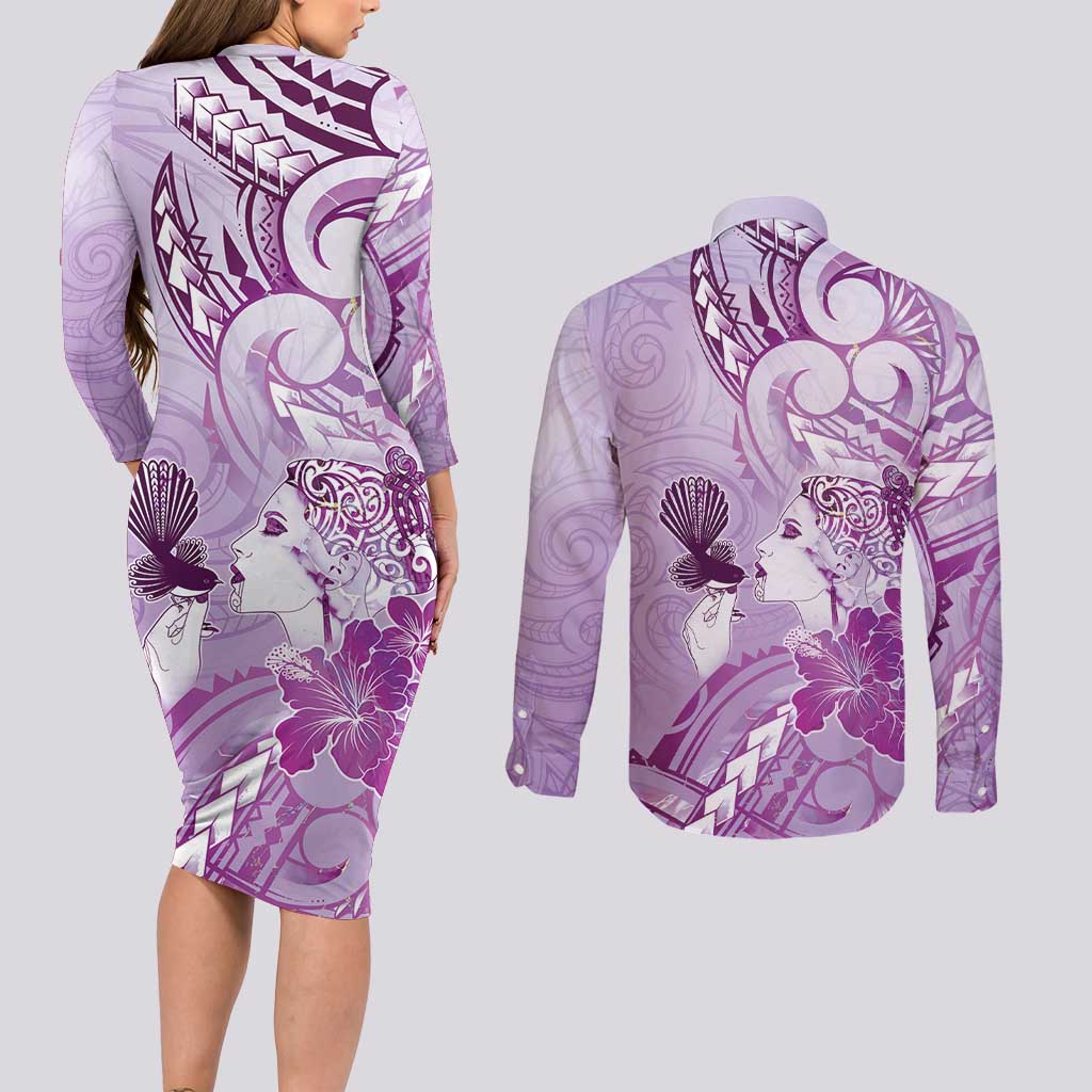 Aotearoa Maori Wahine Couples Matching Long Sleeve Bodycon Dress and Long Sleeve Button Shirt Fantail Bird Purple Gold Marble