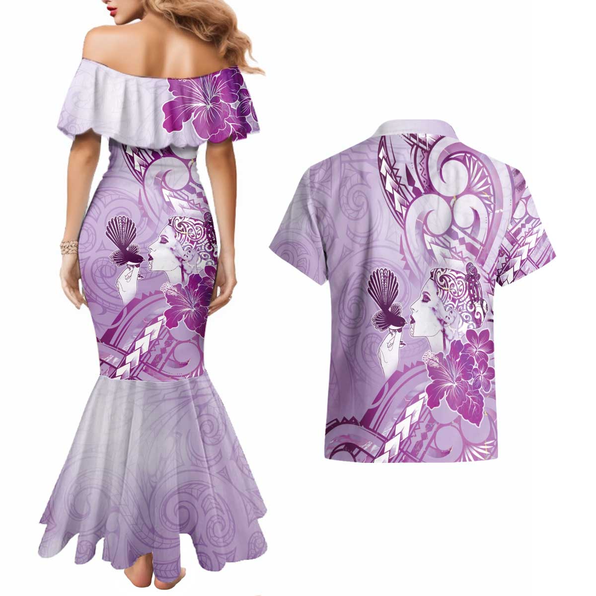 Aotearoa Maori Wahine Couples Matching Mermaid Dress and Hawaiian Shirt Fantail Bird Purple Gold Marble