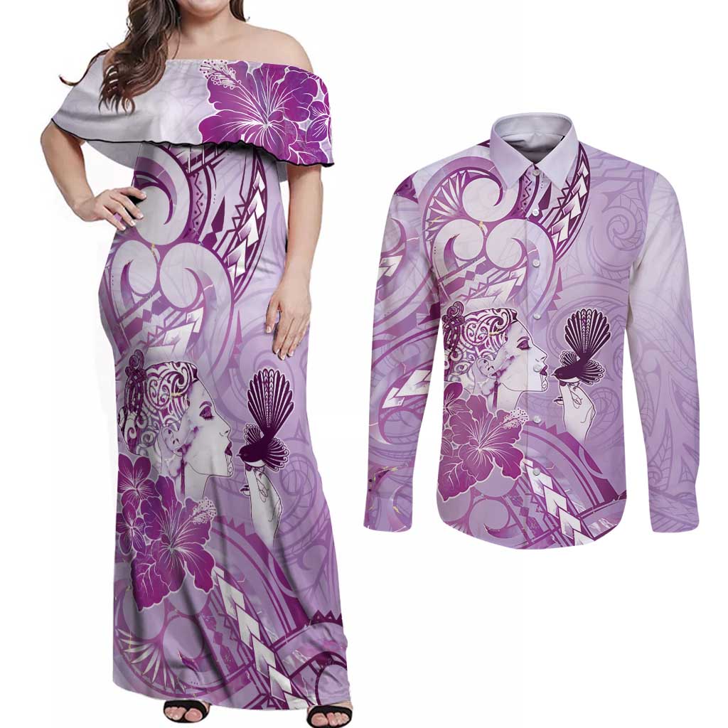 Aotearoa Maori Wahine Couples Matching Off Shoulder Maxi Dress and Long Sleeve Button Shirt Fantail Bird Purple Gold Marble LT05 Purple - Polynesian Pride
