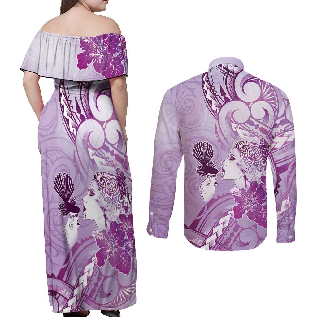 Aotearoa Maori Wahine Couples Matching Off Shoulder Maxi Dress and Long Sleeve Button Shirt Fantail Bird Purple Gold Marble LT05 - Polynesian Pride
