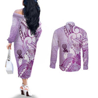 Aotearoa Maori Wahine Couples Matching Off The Shoulder Long Sleeve Dress and Long Sleeve Button Shirt Fantail Bird Purple Gold Marble