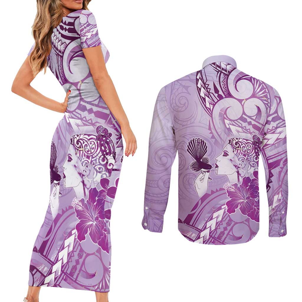 Aotearoa Maori Wahine Couples Matching Short Sleeve Bodycon Dress and Long Sleeve Button Shirt Fantail Bird Purple Gold Marble