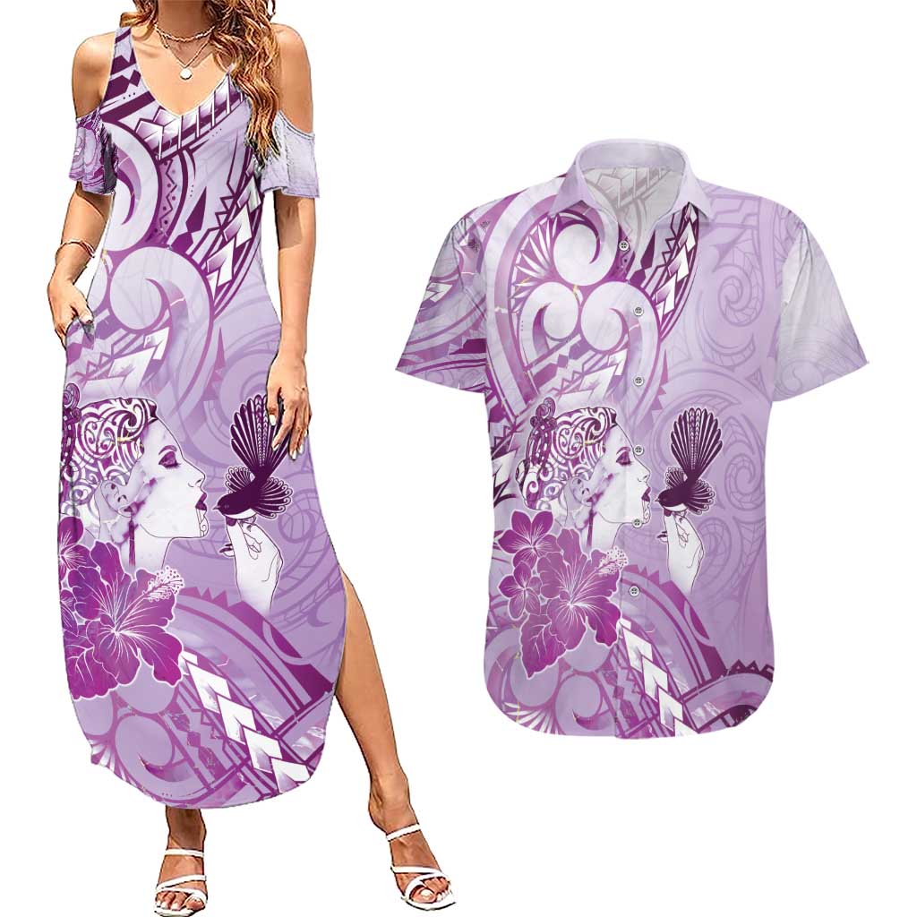Aotearoa Maori Wahine Couples Matching Summer Maxi Dress and Hawaiian Shirt Fantail Bird Purple Gold Marble