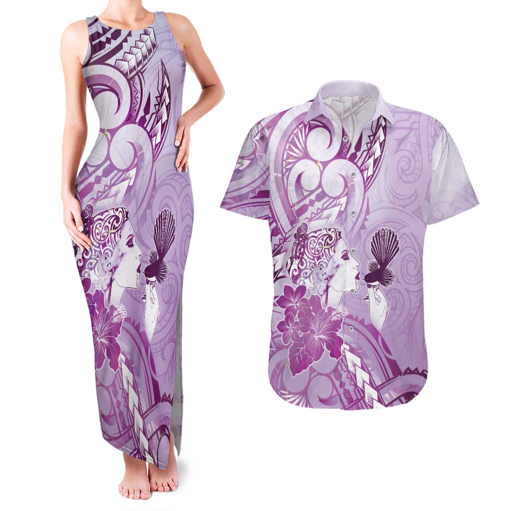 Aotearoa Maori Wahine Couples Matching Tank Maxi Dress and Hawaiian Shirt Fantail Bird Purple Gold Marble