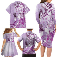 Aotearoa Maori Wahine Family Matching Long Sleeve Bodycon Dress and Hawaiian Shirt Fantail Bird Purple Gold Marble