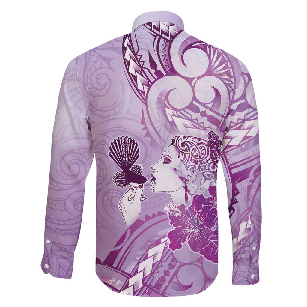 Aotearoa Maori Wahine Family Matching Long Sleeve Bodycon Dress and Hawaiian Shirt Fantail Bird Purple Gold Marble