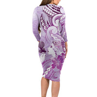 Aotearoa Maori Wahine Family Matching Long Sleeve Bodycon Dress and Hawaiian Shirt Fantail Bird Purple Gold Marble
