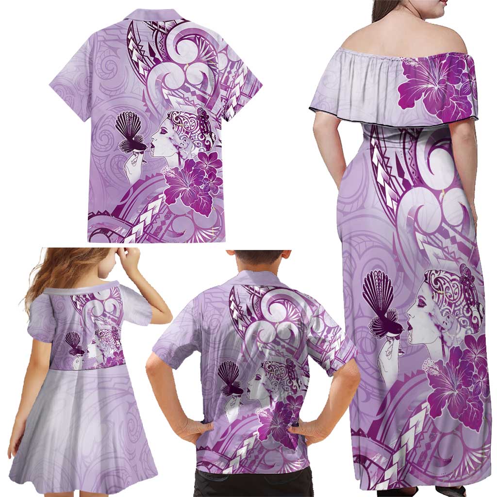 Aotearoa Maori Wahine Family Matching Off Shoulder Maxi Dress and Hawaiian Shirt Fantail Bird Purple Gold Marble