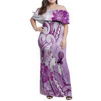 Aotearoa Maori Wahine Family Matching Off Shoulder Maxi Dress and Hawaiian Shirt Fantail Bird Purple Gold Marble