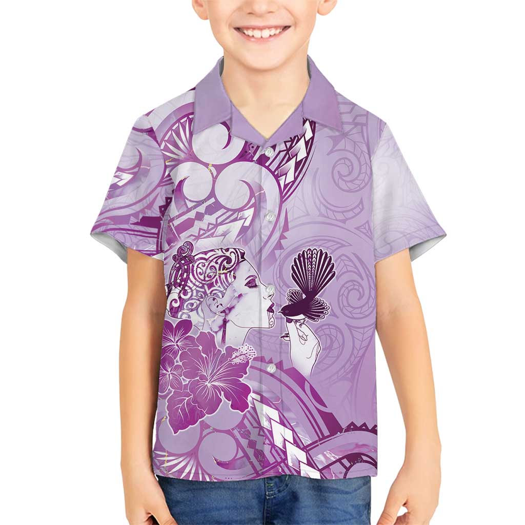 Aotearoa Maori Wahine Family Matching Puletasi and Hawaiian Shirt Fantail Bird Purple Gold Marble