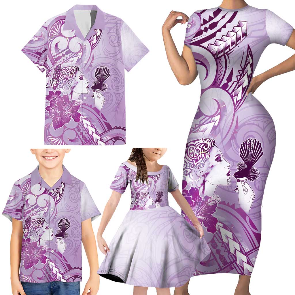 Aotearoa Maori Wahine Family Matching Short Sleeve Bodycon Dress and Hawaiian Shirt Fantail Bird Purple Gold Marble