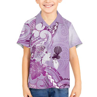 Aotearoa Maori Wahine Family Matching Short Sleeve Bodycon Dress and Hawaiian Shirt Fantail Bird Purple Gold Marble