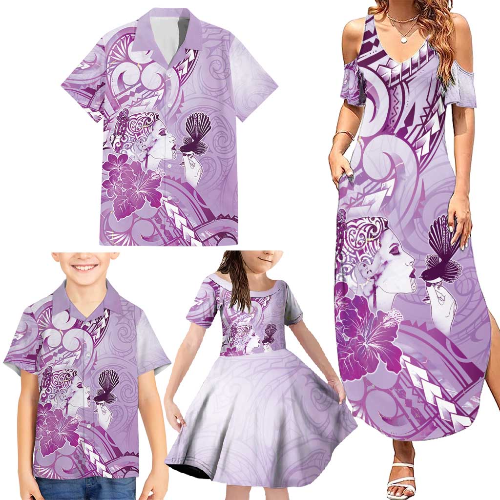 Aotearoa Maori Wahine Family Matching Summer Maxi Dress and Hawaiian Shirt Fantail Bird Purple Gold Marble