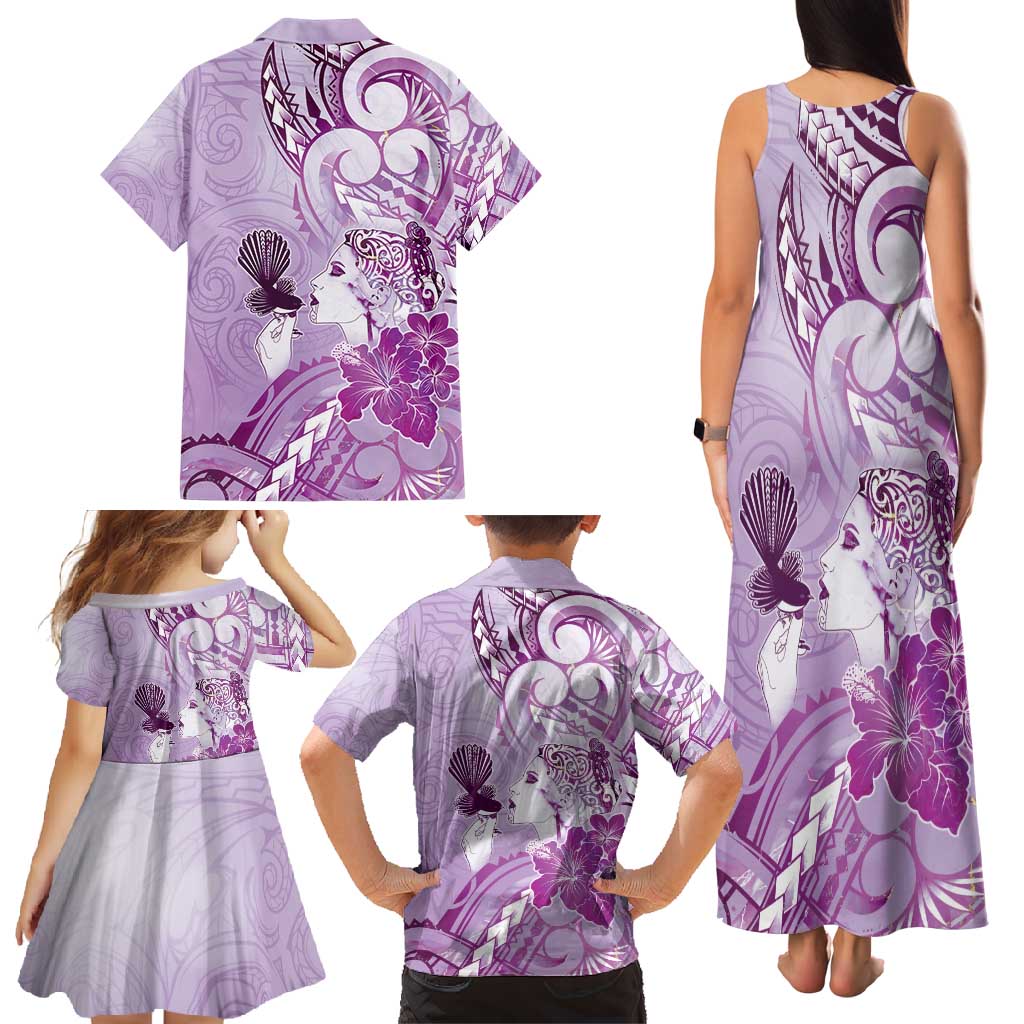 Aotearoa Maori Wahine Family Matching Tank Maxi Dress and Hawaiian Shirt Fantail Bird Purple Gold Marble
