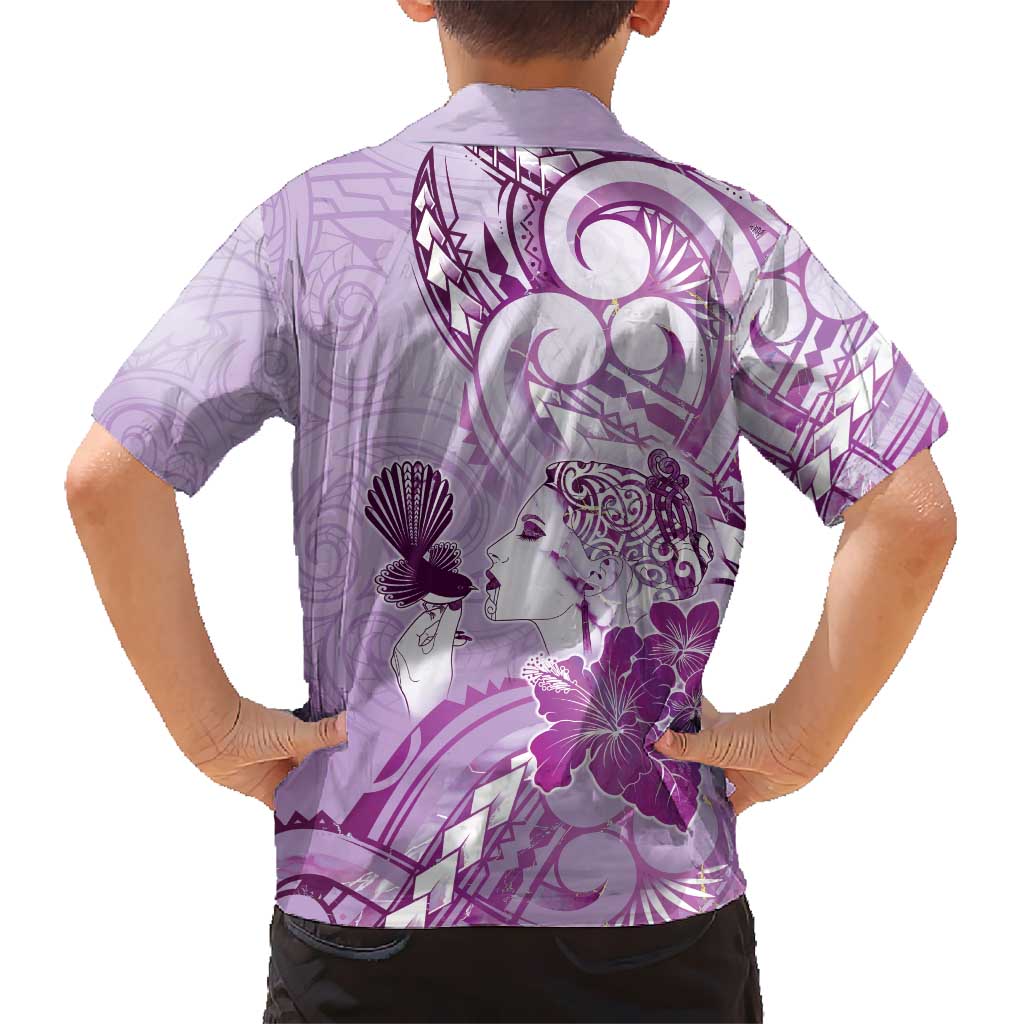 Aotearoa Maori Wahine Kid Hawaiian Shirt Fantail Bird Purple Gold Marble
