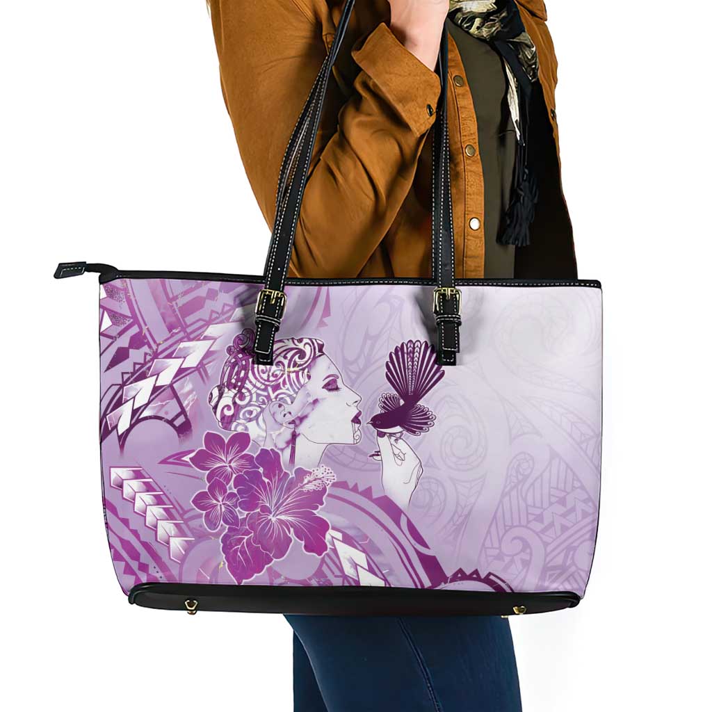 Aotearoa Maori Wahine Leather Tote Bag Fantail Bird Purple Gold Marble