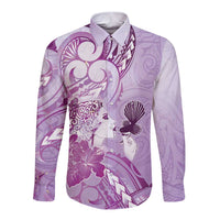 Aotearoa Maori Wahine Long Sleeve Button Shirt Fantail Bird Purple Gold Marble