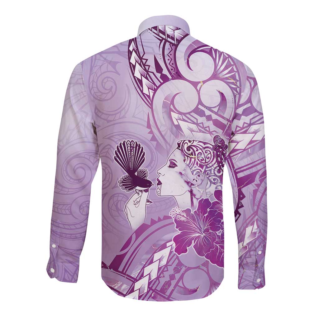 Aotearoa Maori Wahine Long Sleeve Button Shirt Fantail Bird Purple Gold Marble