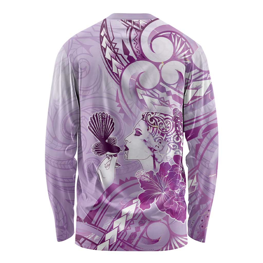 Aotearoa Maori Wahine Long Sleeve Shirt Fantail Bird Purple Gold Marble