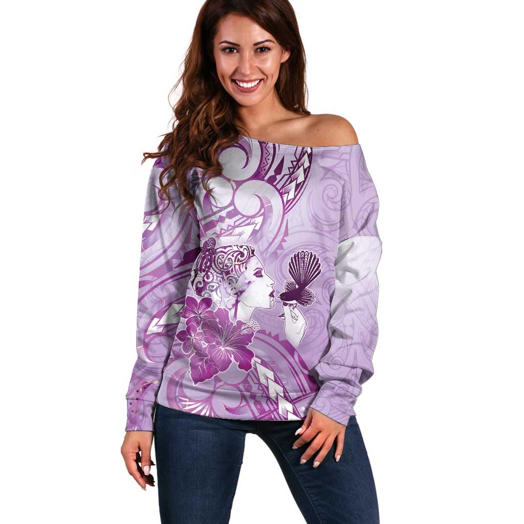 Aotearoa Maori Wahine Off Shoulder Sweater Fantail Bird Purple Gold Marble LT05 Women Purple - Polynesian Pride