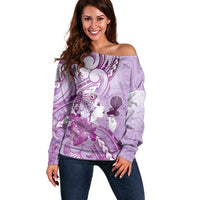 Aotearoa Maori Wahine Off Shoulder Sweater Fantail Bird Purple Gold Marble LT05 Women Purple - Polynesian Pride