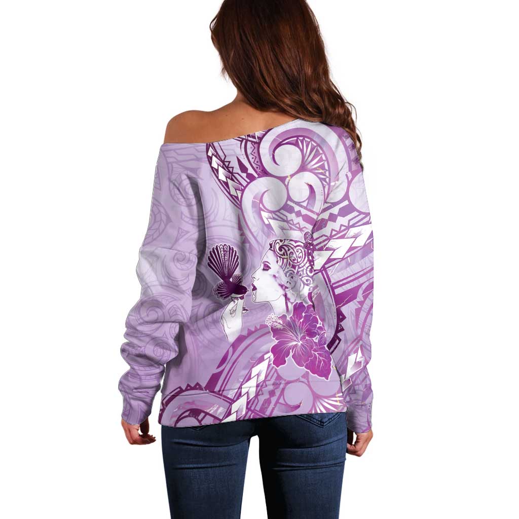 Aotearoa Maori Wahine Off Shoulder Sweater Fantail Bird Purple Gold Marble LT05 - Polynesian Pride