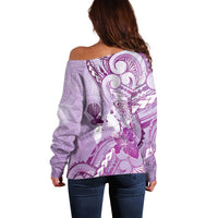 Aotearoa Maori Wahine Off Shoulder Sweater Fantail Bird Purple Gold Marble LT05 - Polynesian Pride