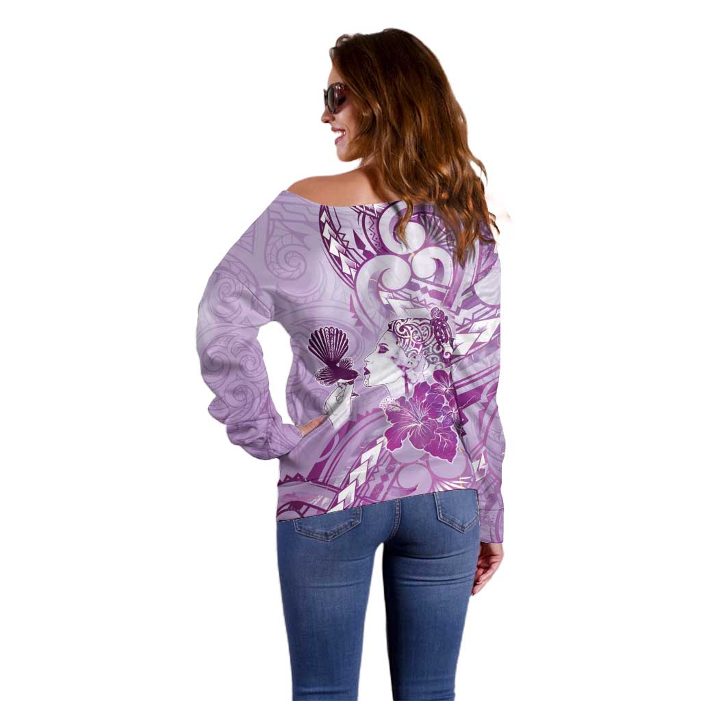 Aotearoa Maori Wahine Off Shoulder Sweater Fantail Bird Purple Gold Marble LT05 - Polynesian Pride