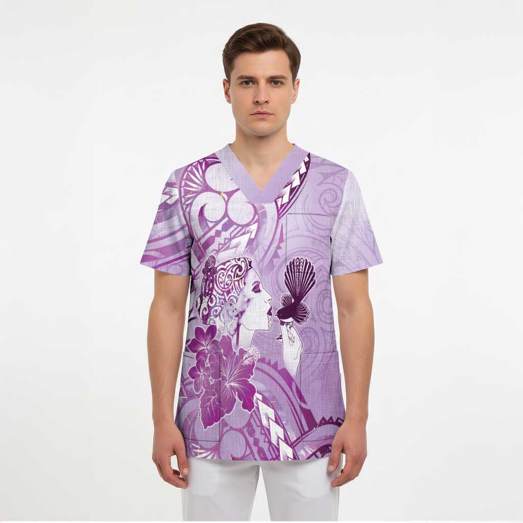 Aotearoa Maori Wahine Scrub Top Fantail Bird Purple Gold Marble - Polynesian Pride