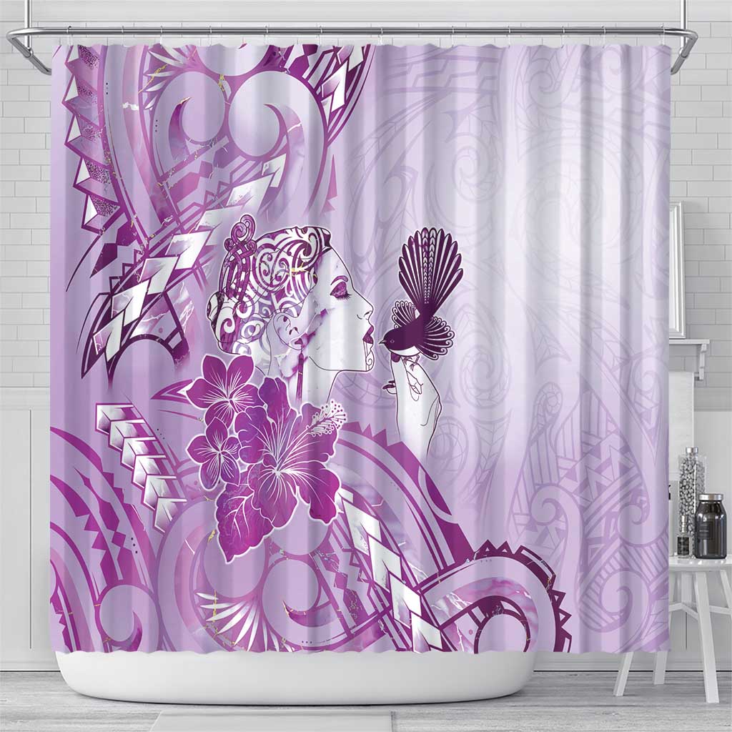 Aotearoa Maori Wahine Shower Curtain Fantail Bird Purple Gold Marble