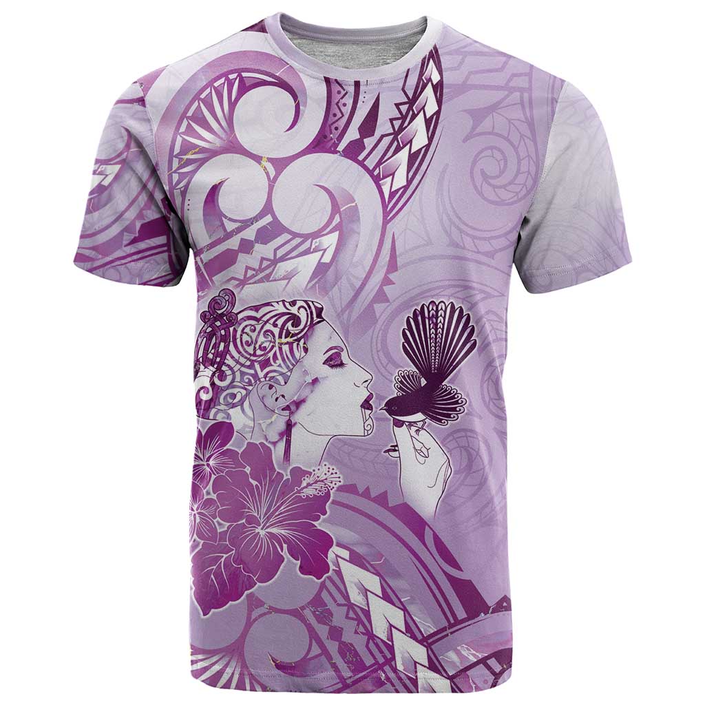 Aotearoa Maori Wahine T Shirt Fantail Bird Purple Gold Marble
