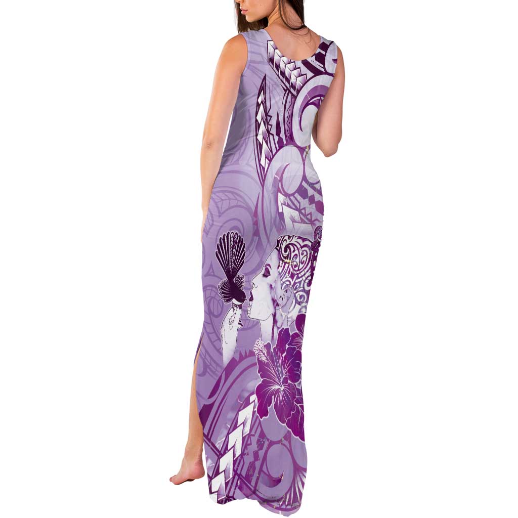 Aotearoa Maori Wahine Tank Maxi Dress Fantail Bird Purple Gold Marble