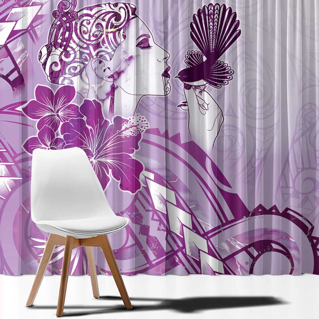 Aotearoa Maori Wahine Window Curtain Fantail Bird Purple Gold Marble