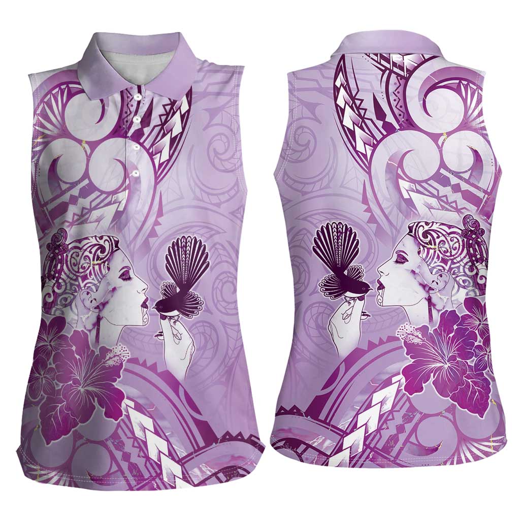 Aotearoa Maori Wahine Women Sleeveless Polo Shirt Fantail Bird Purple Gold Marble