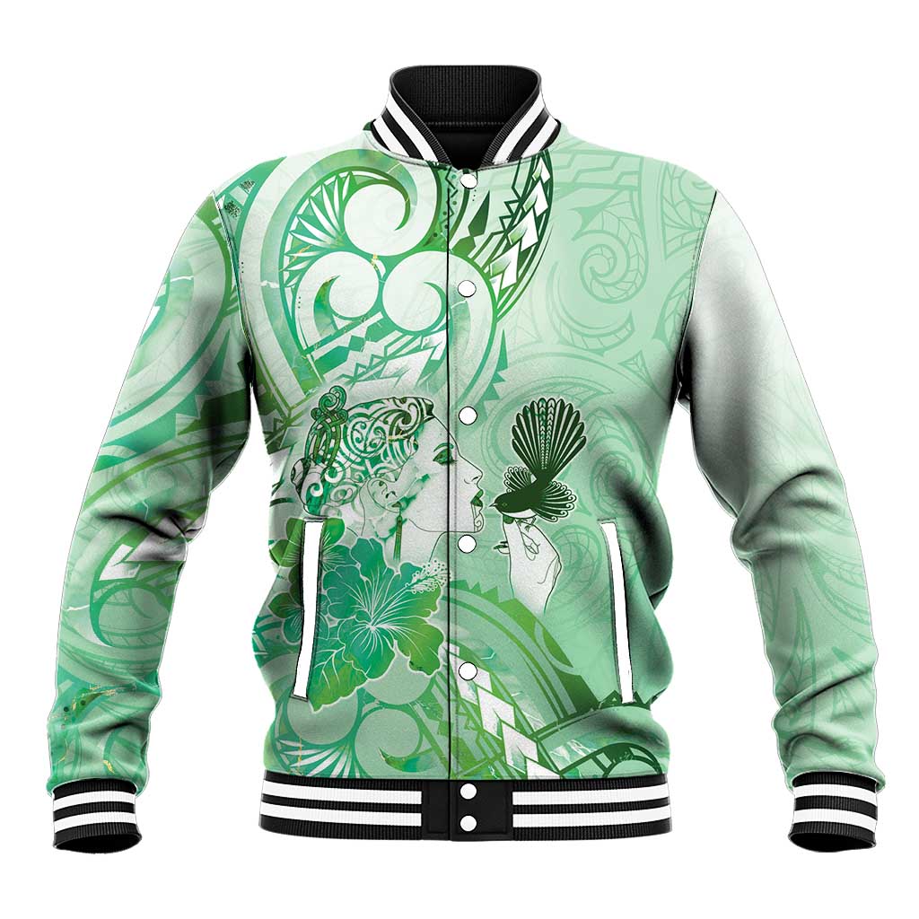 Aotearoa Maori Wahine Baseball Jacket Fantail Bird Green Gold Marble