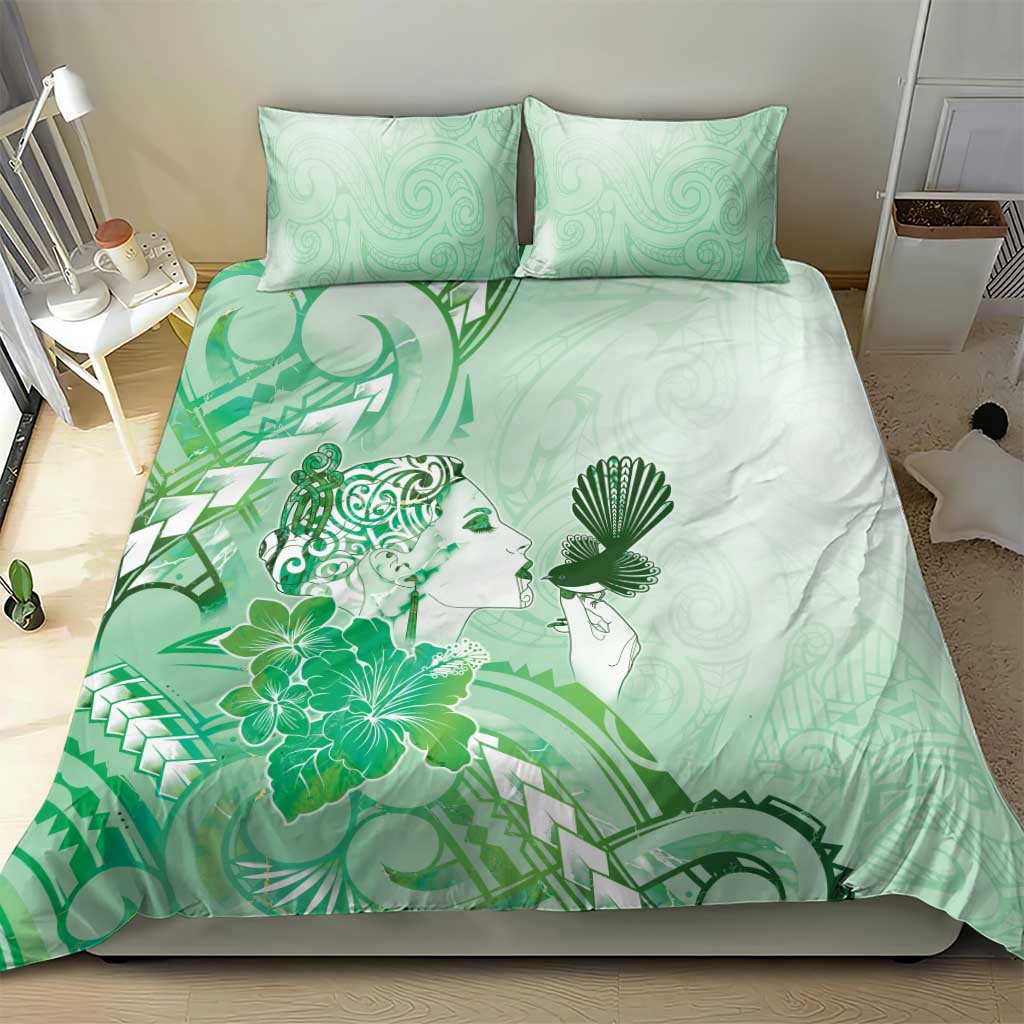 Aotearoa Maori Wahine Bedding Set Fantail Bird Green Gold Marble