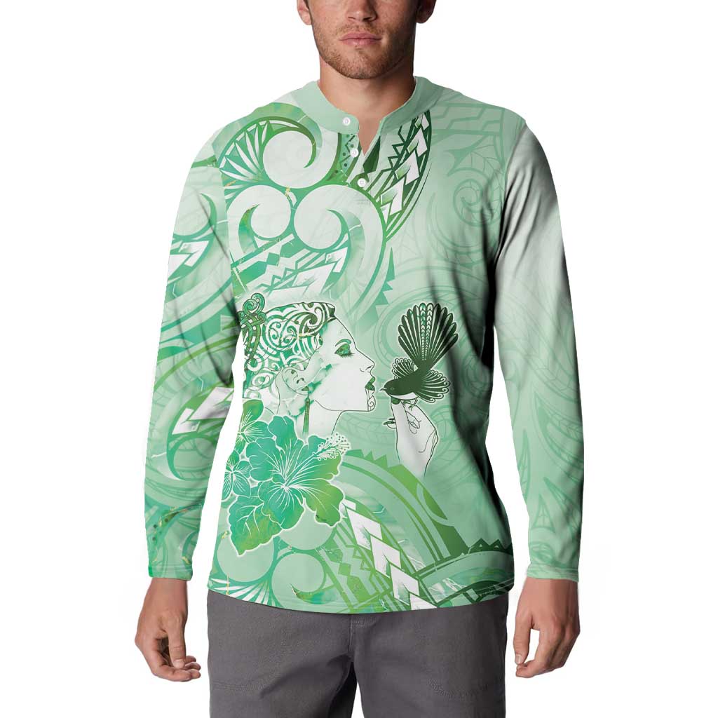 Aotearoa Maori Wahine Button Sweatshirt Fantail Bird Green Gold Marble LT05 - Polynesian Pride