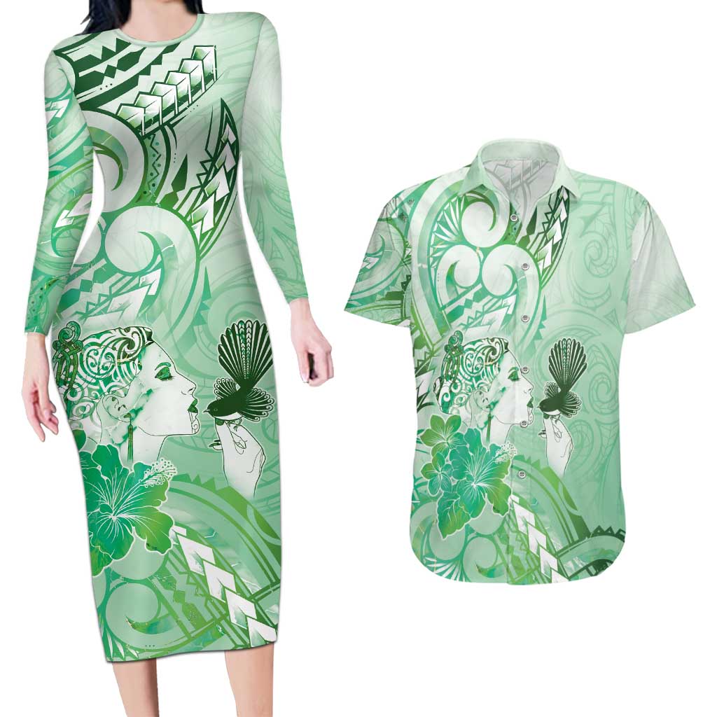Aotearoa Maori Wahine Couples Matching Long Sleeve Bodycon Dress and Hawaiian Shirt Fantail Bird Green Gold Marble
