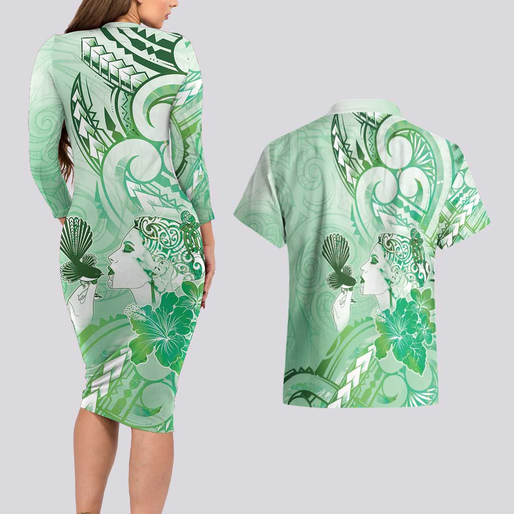 Aotearoa Maori Wahine Couples Matching Long Sleeve Bodycon Dress and Hawaiian Shirt Fantail Bird Green Gold Marble