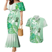 Aotearoa Maori Wahine Couples Matching Mermaid Dress and Hawaiian Shirt Fantail Bird Green Gold Marble