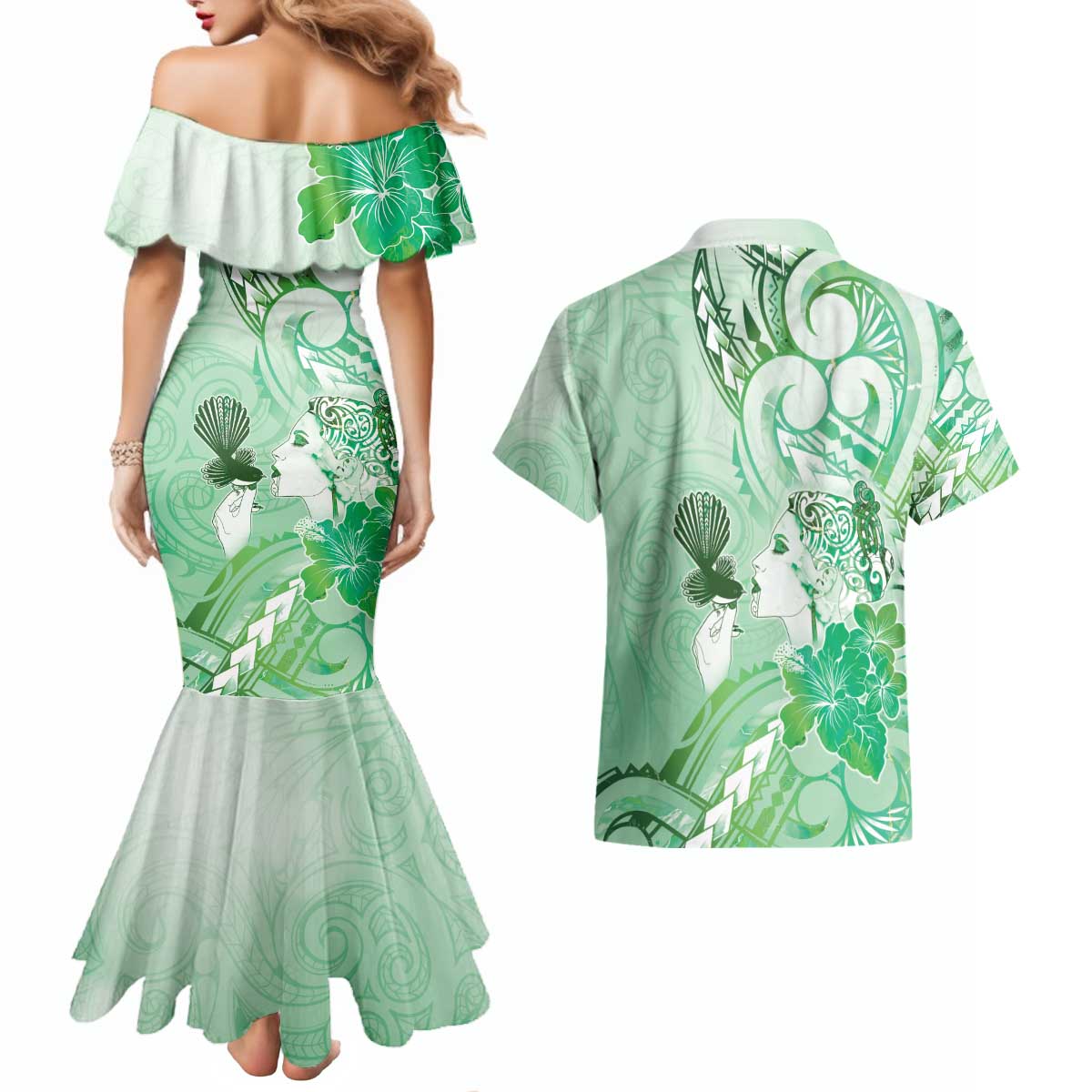 Aotearoa Maori Wahine Couples Matching Mermaid Dress and Hawaiian Shirt Fantail Bird Green Gold Marble