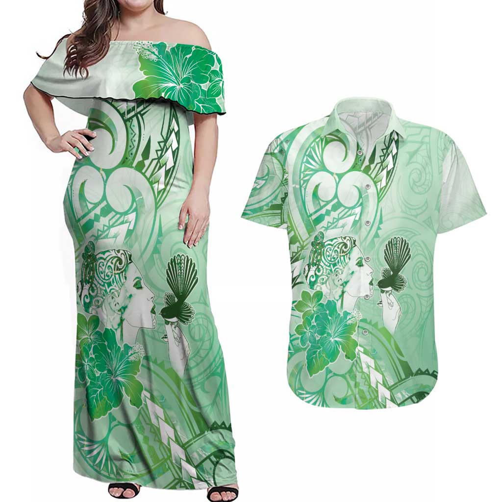 Aotearoa Maori Wahine Couples Matching Off Shoulder Maxi Dress and Hawaiian Shirt Fantail Bird Green Gold Marble