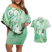 Aotearoa Maori Wahine Couples Matching Off Shoulder Short Dress and Hawaiian Shirt Fantail Bird Green Gold Marble