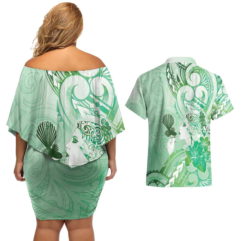 Aotearoa Maori Wahine Couples Matching Off Shoulder Short Dress and Hawaiian Shirt Fantail Bird Green Gold Marble