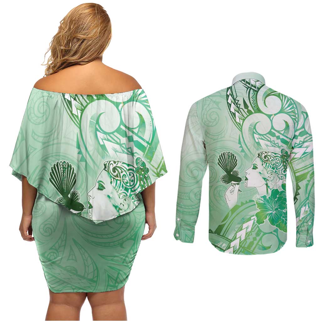 Aotearoa Maori Wahine Couples Matching Off Shoulder Short Dress and Long Sleeve Button Shirt Fantail Bird Green Gold Marble